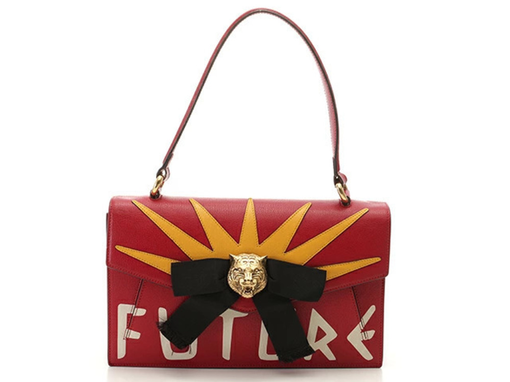 Gucci Tiger Ribbon Shoulder Bag Red Yellow Calfskin